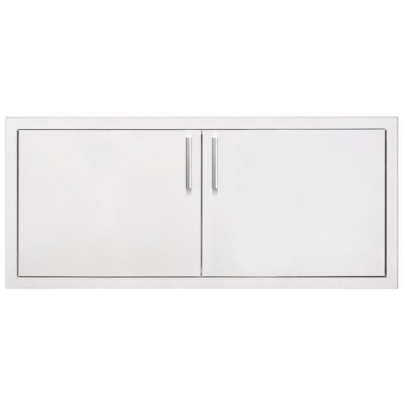 A wide stainless steel double-door access panel with brushed handles, ideal for outdoor kitchen or utility storage compartments.