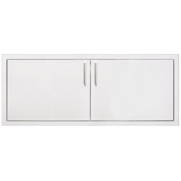 A wide stainless steel double-door access panel with sleek vertical handles, designed for outdoor kitchen storage or utility compartments.