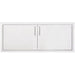 A wide stainless steel double-door access panel with sleek vertical handles, designed for outdoor kitchen storage or utility compartments.