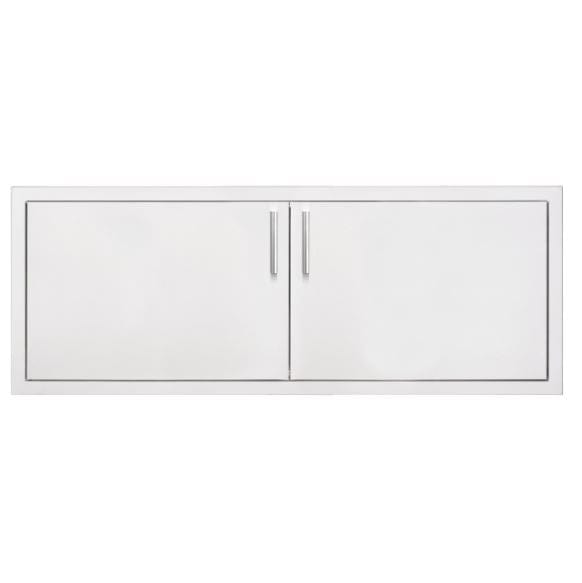 A wide stainless steel double-door access panel with brushed handles, designed for outdoor kitchen or utility storage compartments.