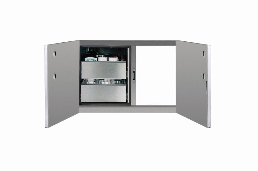 Outdoor stainless steel storage cabinet with double doors open, revealing shelves, drawers, and storage space with bottles and glasses.