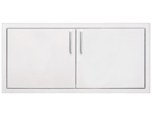 Closed stainless steel double-door cabinet with sleek handles, suitable for outdoor kitchens or storage spaces.