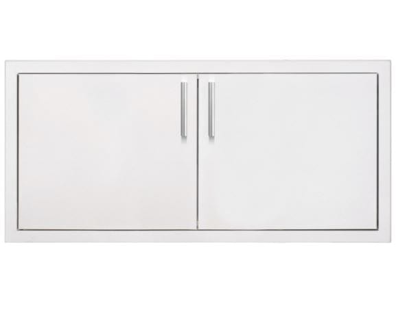 Closed stainless steel double-door cabinet with sleek handles, suitable for outdoor kitchens or storage spaces.