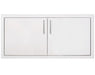 Closed stainless steel double-door cabinet with sleek handles, suitable for outdoor kitchens or storage spaces.