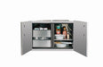 Open stainless steel cabinet with double doors, showcasing organized shelves holding plates, jars, and storage drawers for outdoor use.