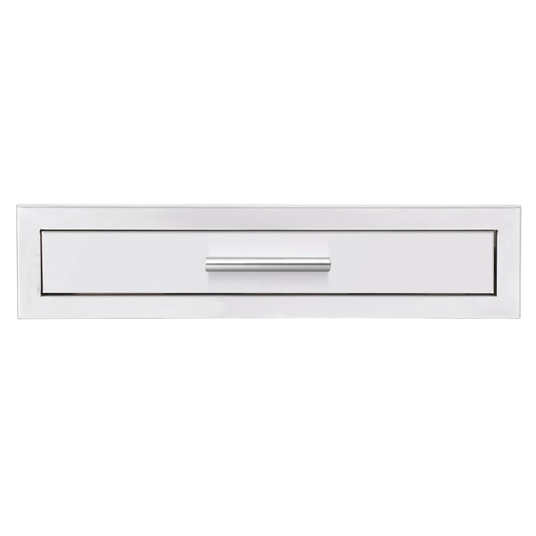A stainless steel horizontal storage drawer with a brushed handle, designed for outdoor kitchen setups or utility compartments.