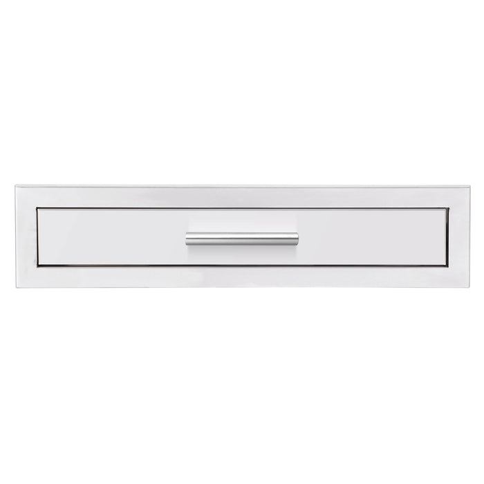 A stainless steel horizontal storage drawer with a brushed handle, designed for outdoor kitchen setups or utility compartments.