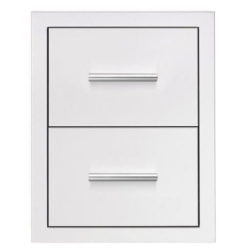 Stainless steel double-drawer unit with sleek handles, designed for outdoor kitchens or storage purposes, offering a clean and modern look.