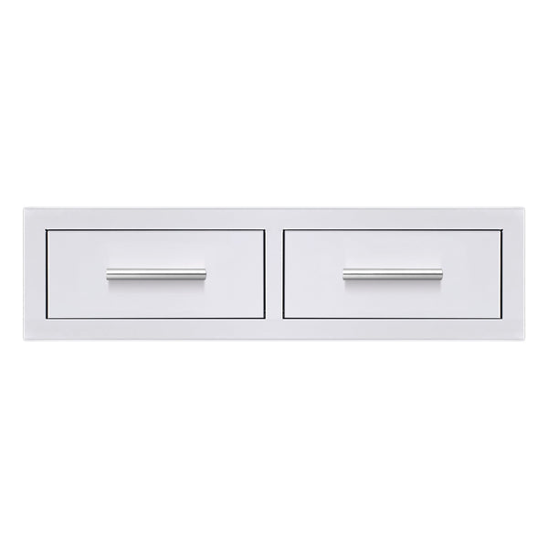 A stainless steel double-drawer unit with horizontal brushed handles, designed for outdoor kitchen storage and organization.
