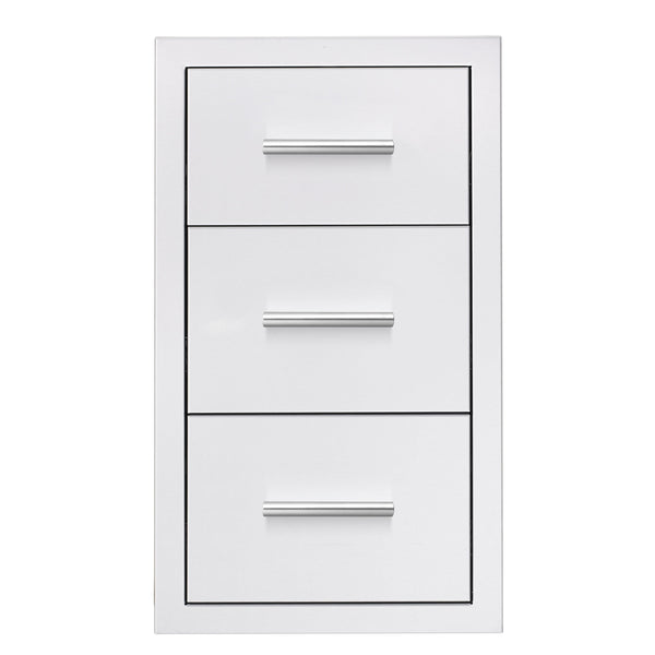 A stainless steel triple-drawer unit with sleek horizontal brushed handles, designed for organized storage in outdoor kitchen setups.