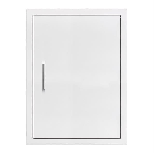 A stainless steel rectangular access door with a brushed handle, designed for outdoor kitchens or storage compartments.