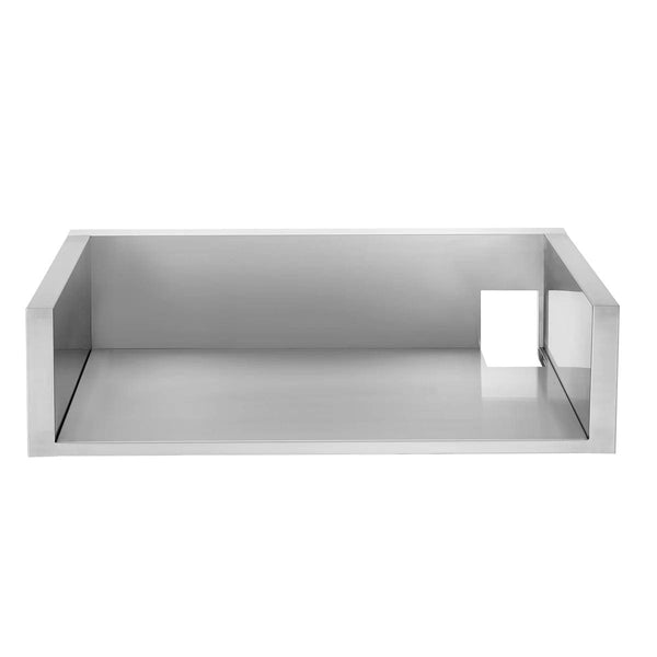 Stainless steel grill insulation liner with smooth finish and rear cutout, built for outdoor kitchen appliance installations.