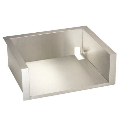 Stainless steel grill insulation liner box with smooth finish and cutout, designed for built-in outdoor kitchen installations.