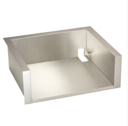 Stainless steel grill insulation liner box with polished finish and cutout, designed for safe built-in outdoor grill installation.