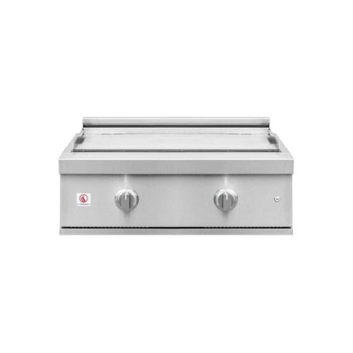 Stainless steel flat-top griddle with two control knobs and a sleek cooking surface, designed for outdoor use.