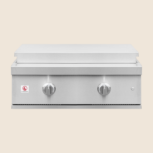 Stainless steel outdoor flat top griddle with two control knobs and a sleek modern design.