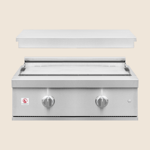 Stainless steel outdoor griddle with two control knobs and removable flat top cooking surface.
