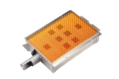 Rectangular ceramic infrared grill burner with metal frame and orange heating surface for high heat outdoor cooking.