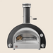 Outdoor pizza oven with stainless steel finish, dual control knobs, built-in thermometer, and chimney vent.