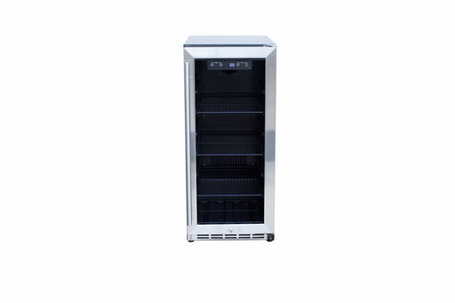 Stainless steel beverage cooler with a glass door, multiple adjustable shelves, and an illuminated control panel at the top.