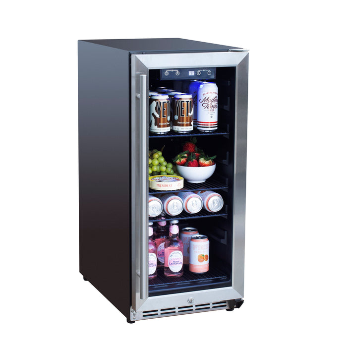 Compact beverage cooler with open glass door, stocked with drinks, fruits, and snacks on adjustable interior shelves.