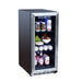 Compact beverage cooler with open glass door, stocked with drinks, fruits, and snacks on adjustable interior shelves.