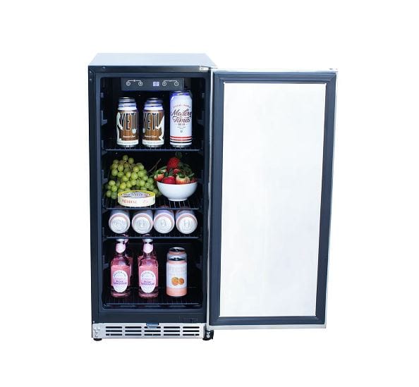 Stainless steel appliance with an open door, displaying shelves stocked with beverages, fruits, and snacks in an organized layout.