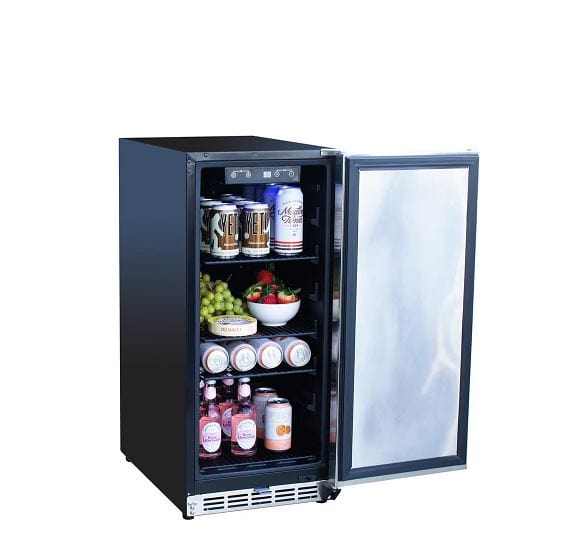 Compact beverage fridge with a glass door, stocked with drinks, fruit, and snacks, featuring adjustable shelves and cooling controls.