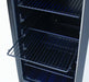 Interior of a refrigerator with multiple adjustable wire shelves and blue LED lighting illuminating the empty storage space.