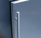 Close-up view of a stainless steel refrigerator door with a sleek, vertical handle and smooth metallic finish.