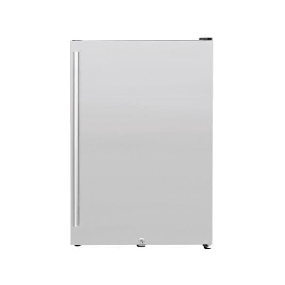 Front view of a sleek stainless steel refrigerator with a vertical handle on the left side and a compact modern design.