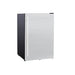 Angled view of a compact stainless steel refrigerator with a vertical handle, showcasing its modern and sleek design.