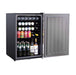 Open compact refrigerator filled with assorted beverages including wine, soda cans, and bottled drinks, neatly organized on shelves.