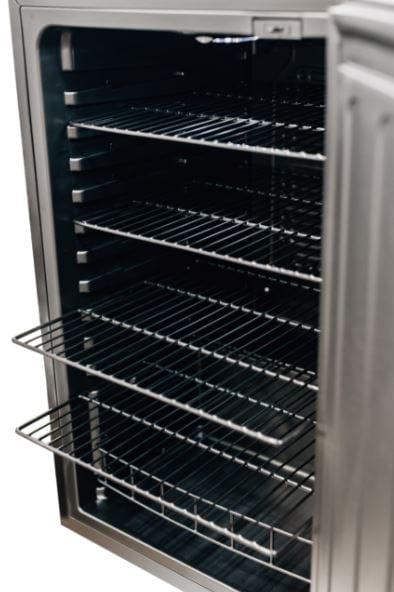 Side angle of a refrigerator interior with multiple wire shelves, highlighting adjustable shelving and spacious storage design.