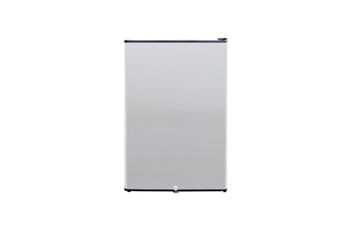 Compact stainless steel refrigerator with a minimalistic design, featuring a small lock at the bottom and smooth finish.