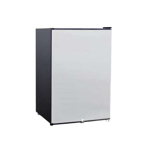 Compact stainless steel refrigerator with a sleek black side panel, smooth door finish, and a small lock at the bottom front.