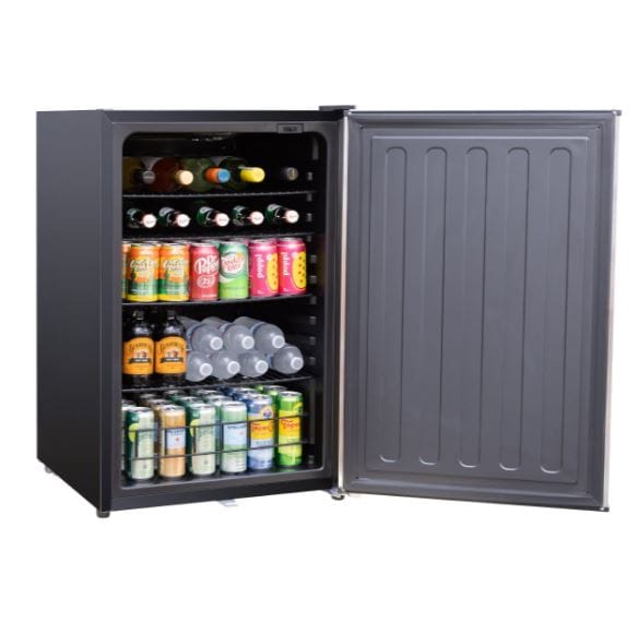 Open refrigerator stocked with various beverages, including cans and bottles, organized on multiple shelves with a sleek black interior.