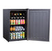 Open refrigerator stocked with various beverages, including cans and bottles, organized on multiple shelves with a sleek black interior.