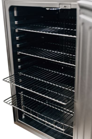 Side view of an open refrigerator with multiple adjustable wire shelves, showcasing ample storage space and sleek design.