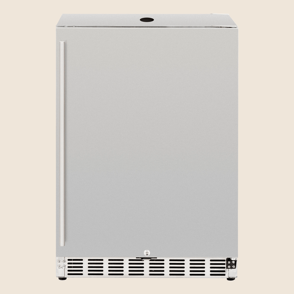 Stainless steel outdoor kegerator with solid door, sleek handle, and vented base for cooling system.