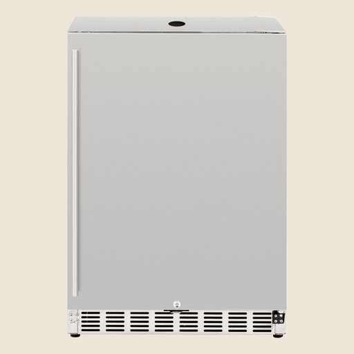 Stainless steel outdoor kegerator with solid door, sleek handle, and vented base for cooling system.