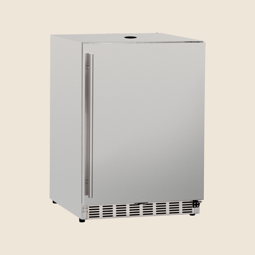 Stainless steel outdoor kegerator with solid door, vertical handle, and bottom vented panel for cooling.