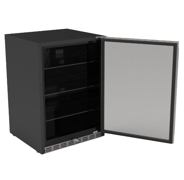 Black refrigerator with an open door revealing multiple adjustable shelves, featuring a sleek and minimalistic design.