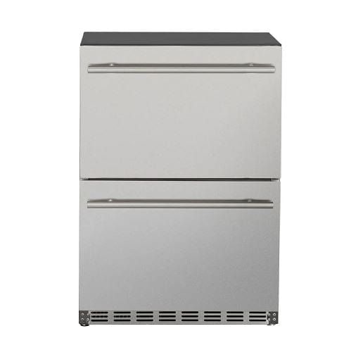 Stainless steel double-drawer refrigerator with sleek handles, showcasing a modern and minimalist design for kitchen storage.