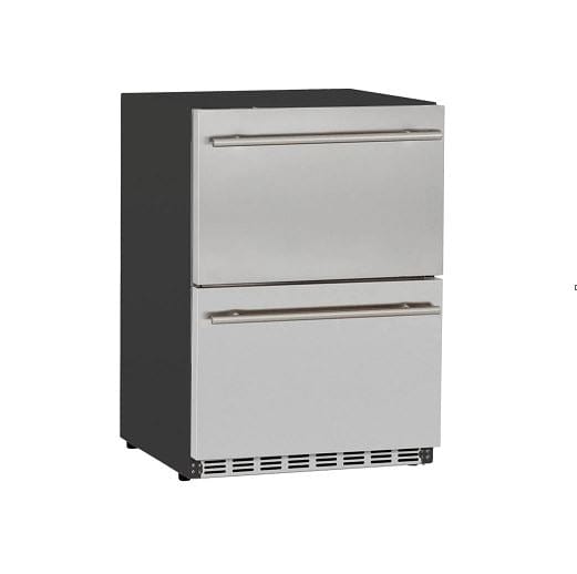 Angled view of a double-drawer stainless steel refrigerator with sleek handles and a modern black side panel.