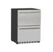 Angled view of a double-drawer stainless steel refrigerator with sleek handles and a modern black side panel.