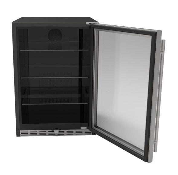 Open glass-door refrigerator with multiple empty shelves and a black interior, showcasing modern design and ample storage space.