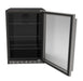 Open glass-door refrigerator with multiple empty shelves and a black interior, showcasing modern design and ample storage space.