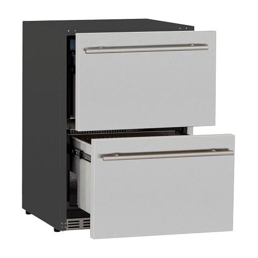 Side view of a stainless steel double-drawer refrigerator with both drawers slightly open, revealing interior storage space.