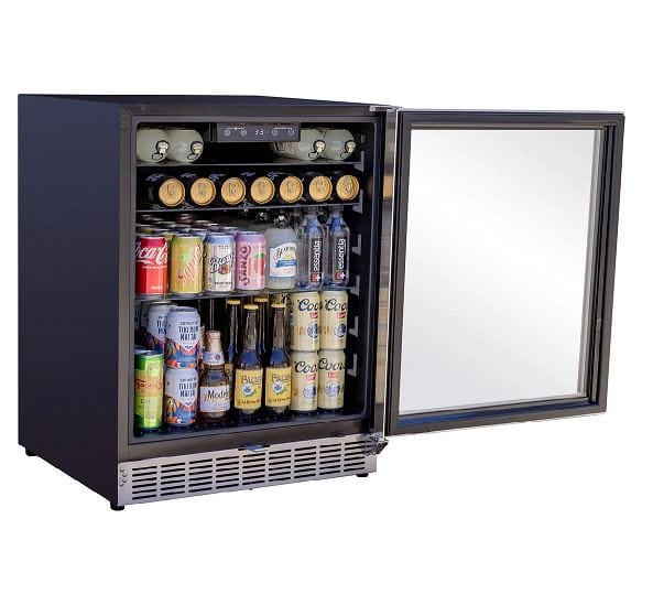 Glass-door beverage fridge with open door, displaying assorted cans and bottles arranged on adjustable shelves, under bright lighting.